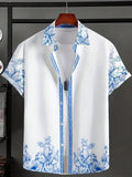 Mens White Hawaiian Shirt With Blue Floral Print Casual Short Sleeve Summer Beach Shirt