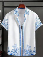 Mens White Hawaiian Shirt With Blue Floral Print Casual Short Sleeve Summer Beach Shirt