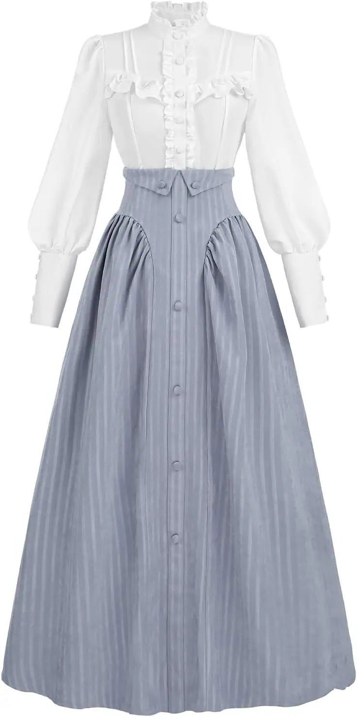Victorian Dress for Women Edwardian Renaissance Costume Medieval Vintage 1800s Blouse Dresses 2 Piece