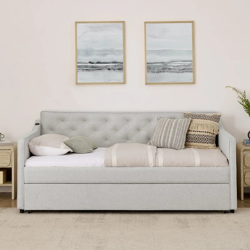 Twin Upholstered Daybed with Pop-Up Trundle and USB Charging