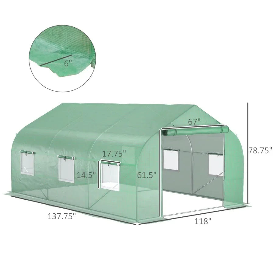 Outdoor High Tunnel Greenhouse for gardening, polyethylene-coated steel frame, deep green, portable with roll-up windows and ve