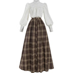 Victorian Dress for Women 2-Pieces Edwardian Dress 1800s Costume Plaid Maxi Skirt