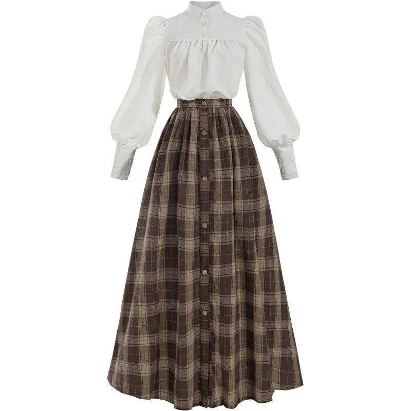Victorian Dress for Women 2-Pieces Edwardian Dress 1800s Costume Plaid Maxi Skirt