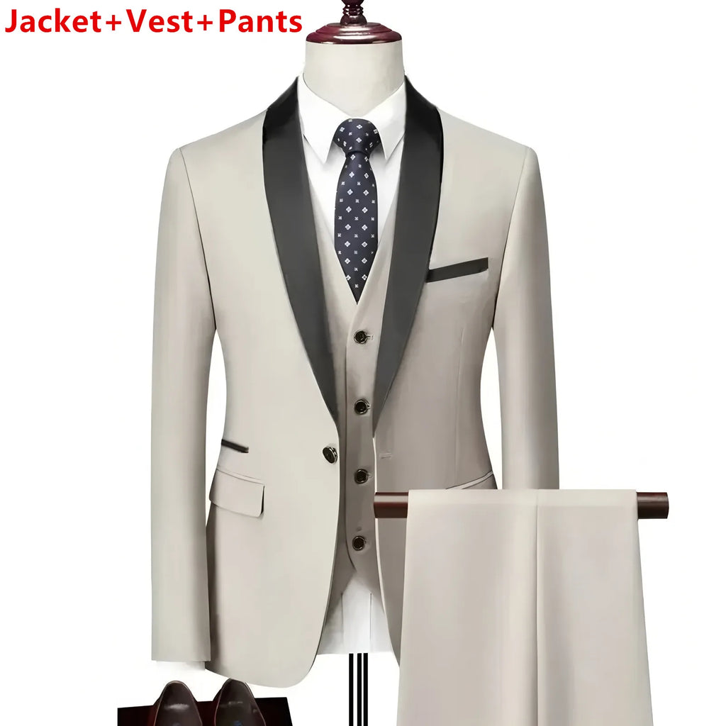 Men Lapel Black Collar 3 Pcs Suit Set Coat Vest Trousers / Business Groom Wedding Dress Fprmal Blazer Pants Waistcoat