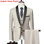 Men Lapel Black Collar 3 Pcs Suit Set Coat Vest Trousers / Business Groom Wedding Dress Fprmal Blazer Pants Waistcoat