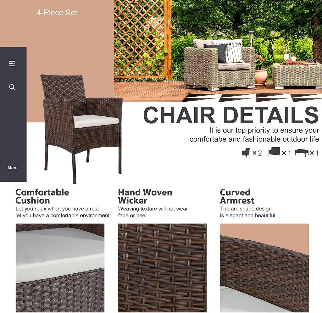 4 Piece Outdoor Patio Furniture Set, Wicker Rattan Patio Conversation Set, Outdoor Chairs and Loveseat with Coffee Table for Porch, Yard & Poolside (Brown)