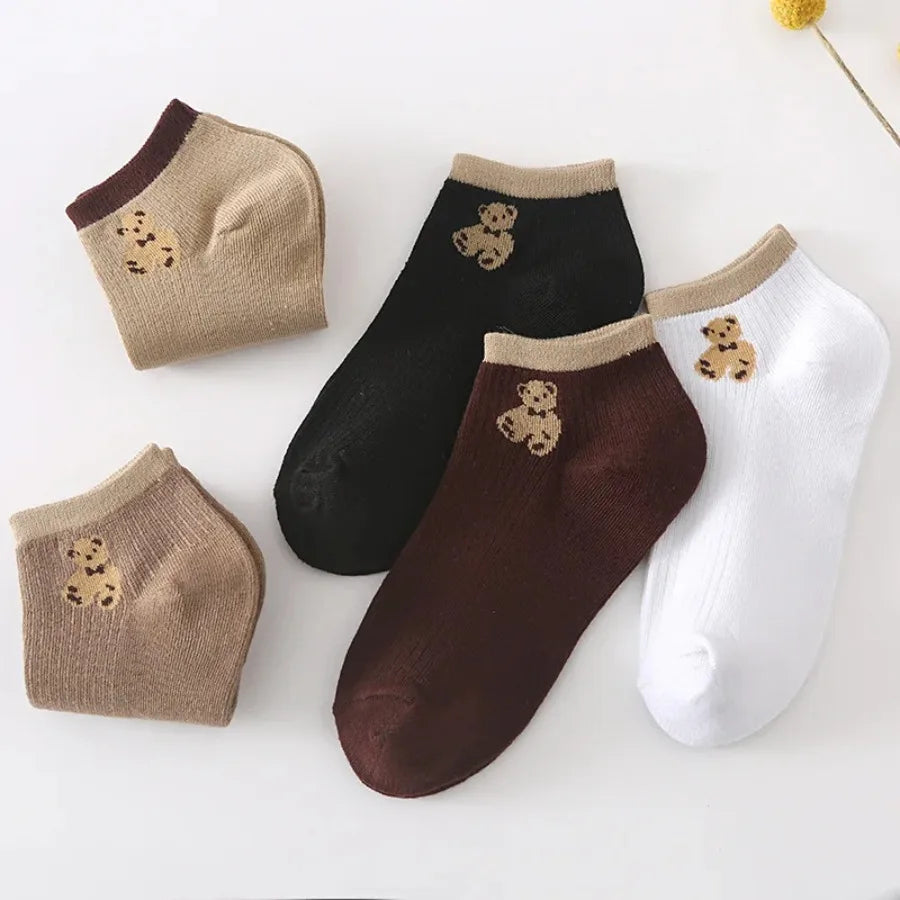 5 Pairs of Cute Teddy Bear WOMEN'S Short Socks with Shallow Mouthed Spring and Summer Casual Matching Short Tube Boat Socks