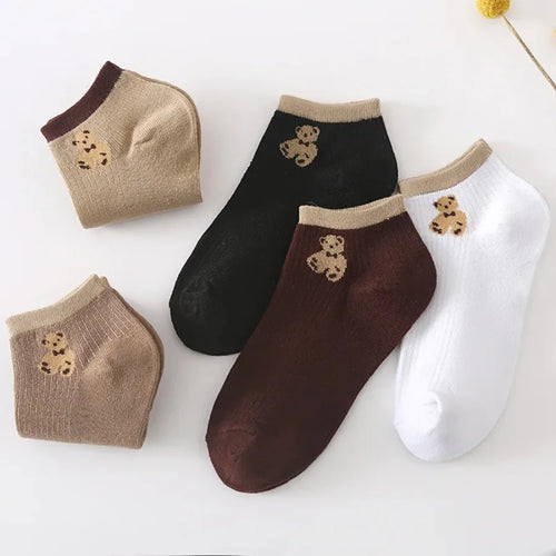 5 Pairs of Cute Teddy Bear WOMEN'S Short Socks with Shallow Mouthed Spring and Summer Casual Matching Short Tube Boat Socks