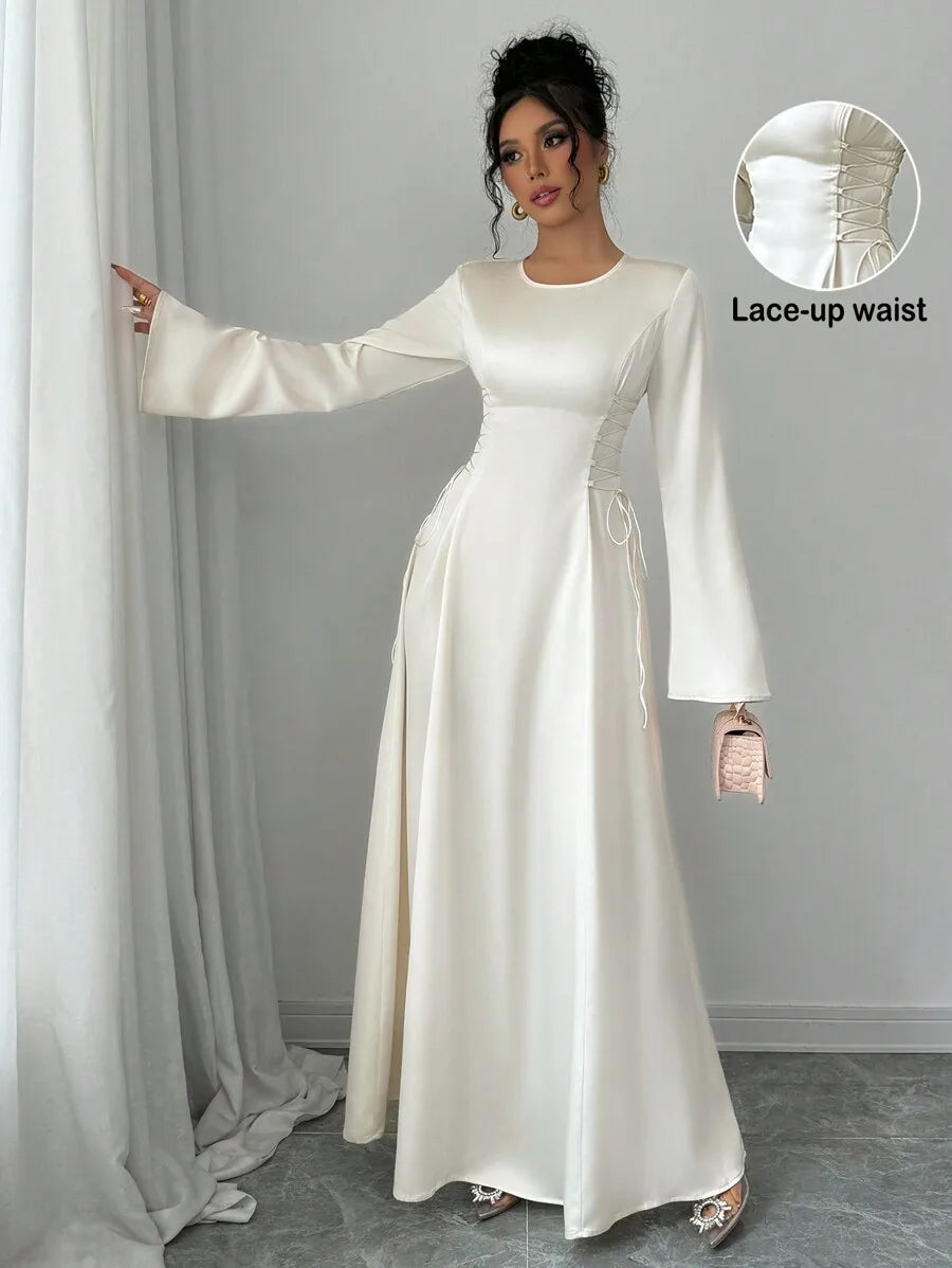 Elegant Ivory A-Line Satin Maxi Dress With Cinched Waist And Flare Sleeves