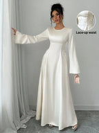 Elegant Ivory A-Line Satin Maxi Dress With Cinched Waist And Flare Sleeves