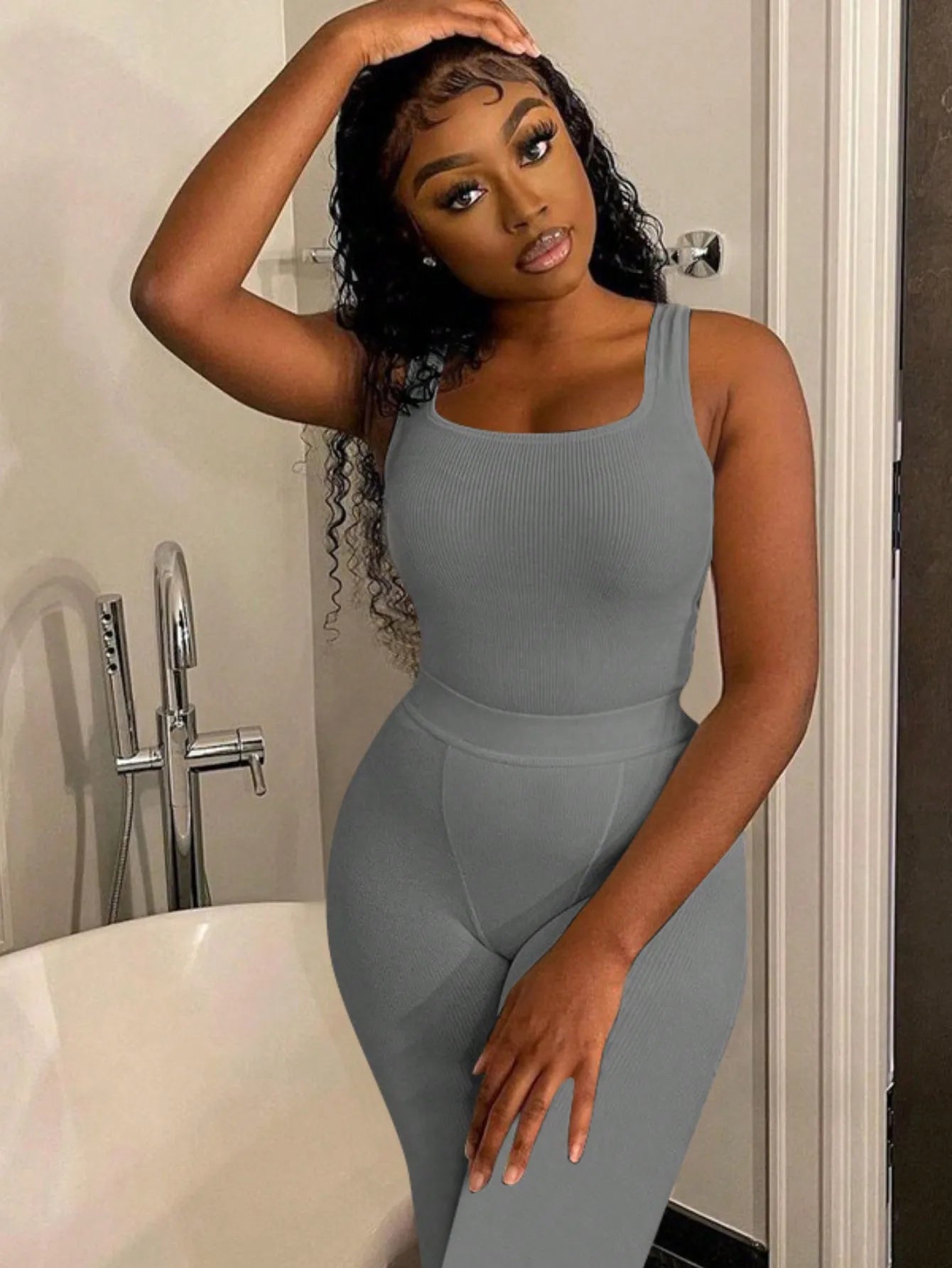 Women 2-Piece Activewear Set, ribbed crop tank top matched with high waist yoga leggings. Stretchy and skin-friendly fabric, snug fit, perfect for workout, yoga, gym training and daily casual leisure wear all day round