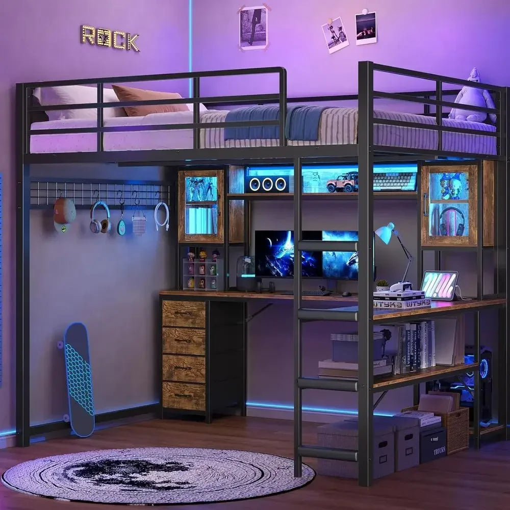 Full Size Gaming Loft Bed with Desk, Storage Drawers, Power Outlet, Metal Frame, RGB Lights, Space-Saving Design for Teens, Guar