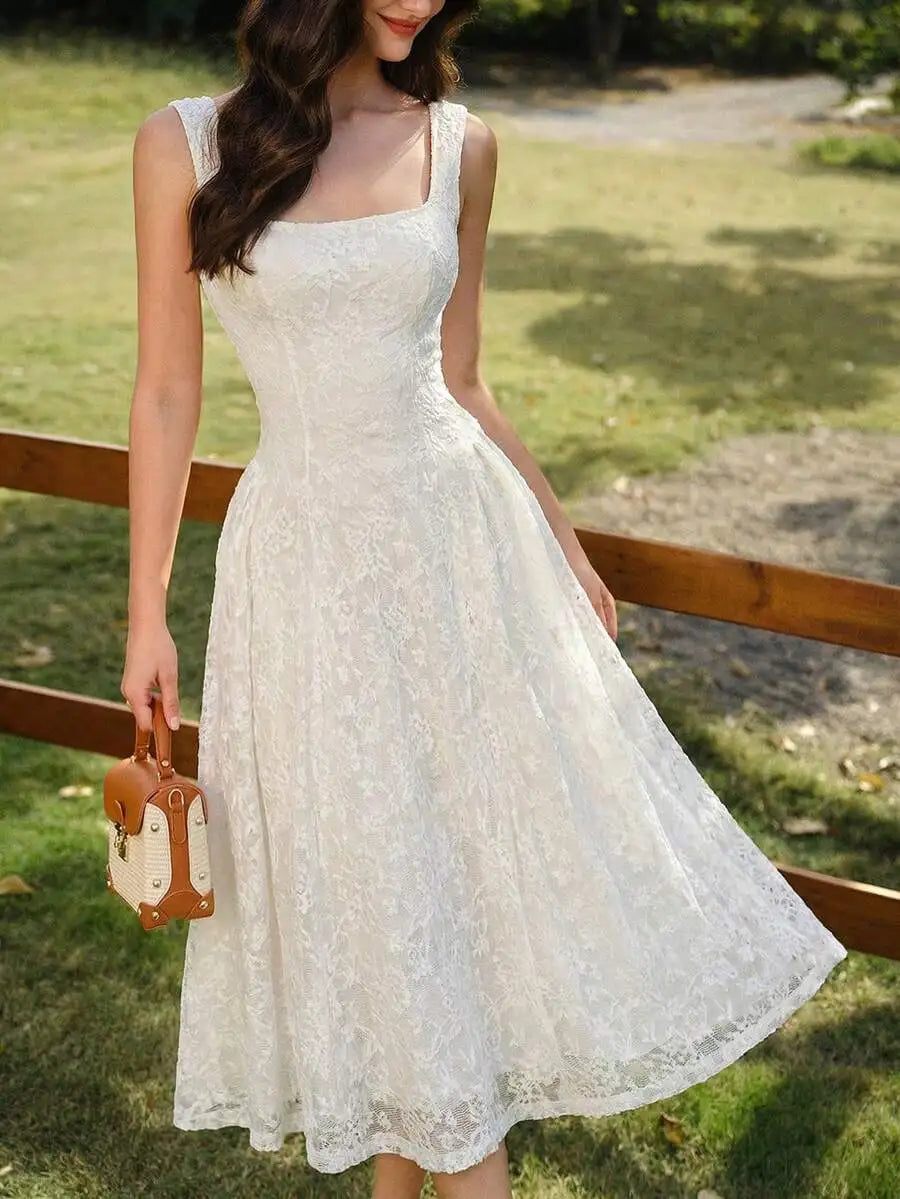 Elegant Lace Square Collar A-Line Midi Dress For Summer Wedding Guest Party