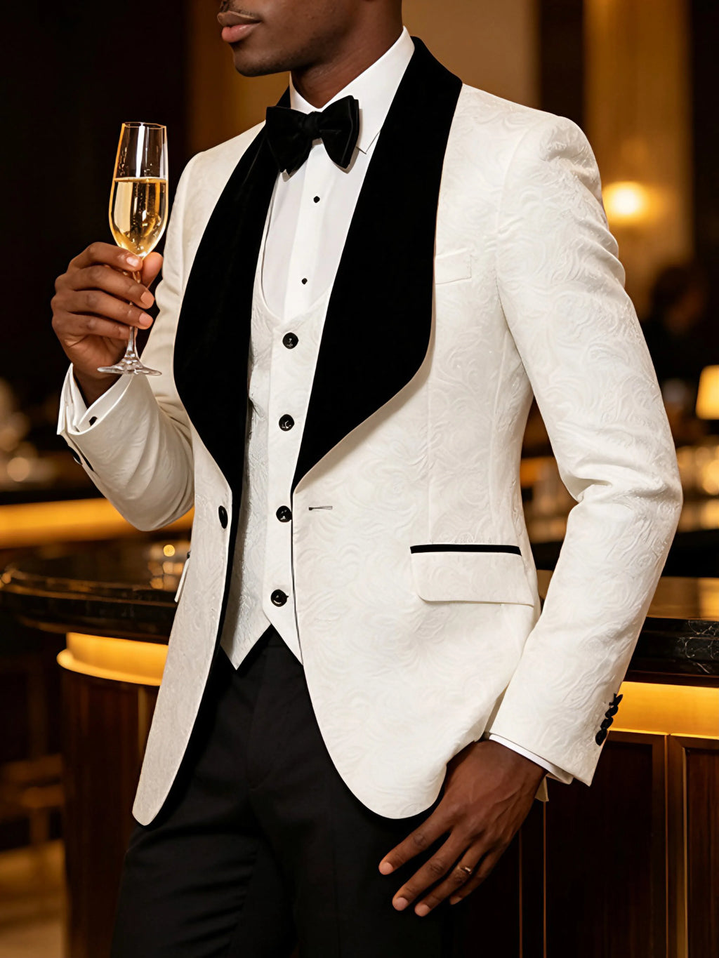 Men Light Blue Jacquard Tuxedo 3 Piece Suit Shawl Black Lapel Slim Fit Blazer Vest Pants Set Wedding Groom Prom Dinner Party Formal Mens Suit