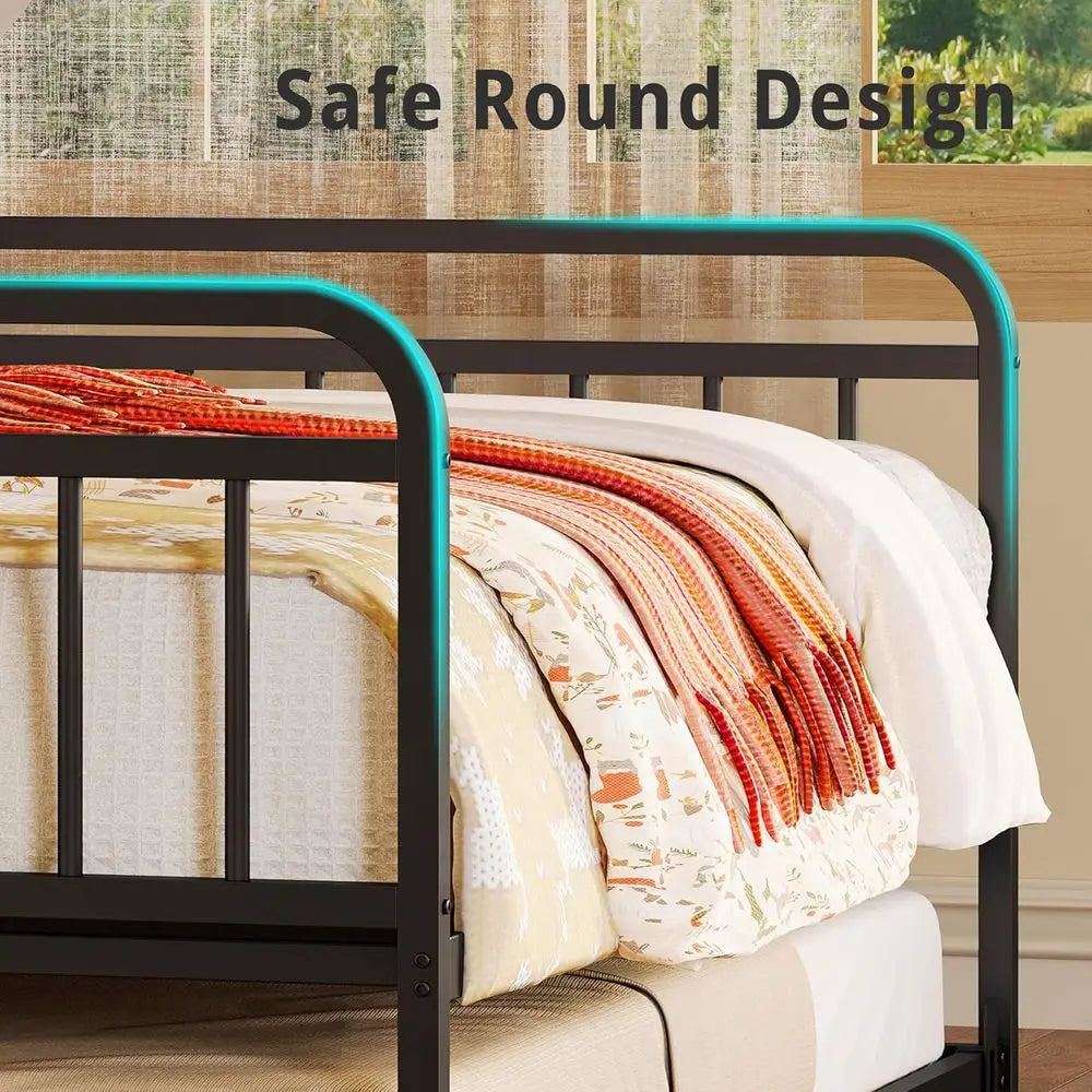 Metal Daybed with Trundle, Full Size Bed Frame, Upholstered Headboard, and Charging Station for Home, Black