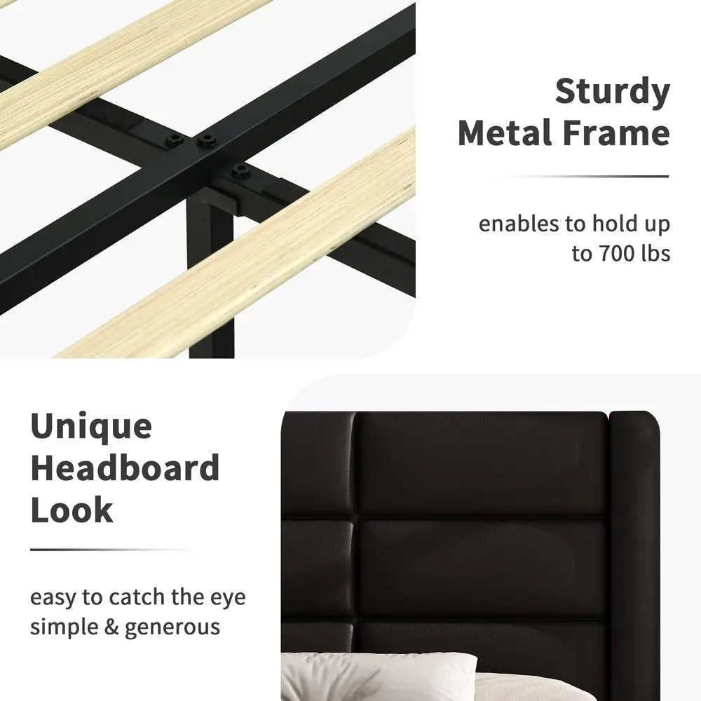 Upholstered Bed Frame with Headboard and LED Lights, Modern Faux Leather Bed Frame with Wooden Slats Support and Heavy Duty Mat