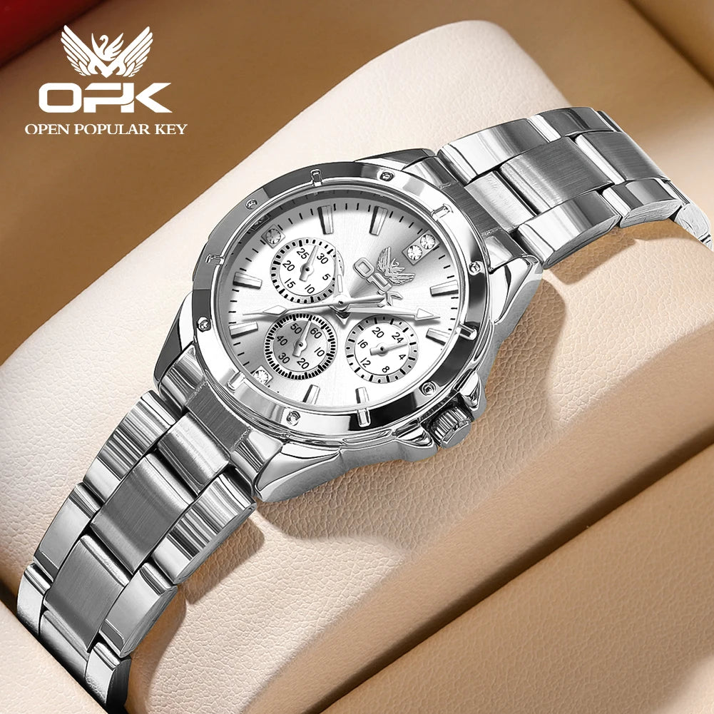 OPK 6001 Original Quartz Movement Elegance Watch For Women Chronograph Stainless Steel Three Simple Small Dials HD Luminous Function Life Waterproof Watch