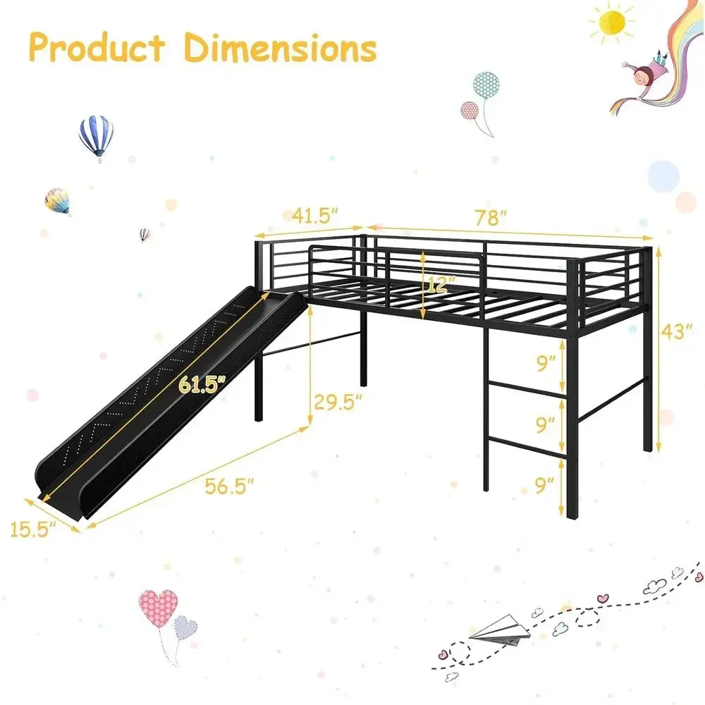 Twin Over Full Bunk Bed with Slide, Metal Frame, Safety Rails, Ladder - Black