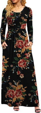 Women Casual Long Sleeve Maxi Dresses Empire Waist Long Dress with Pockets