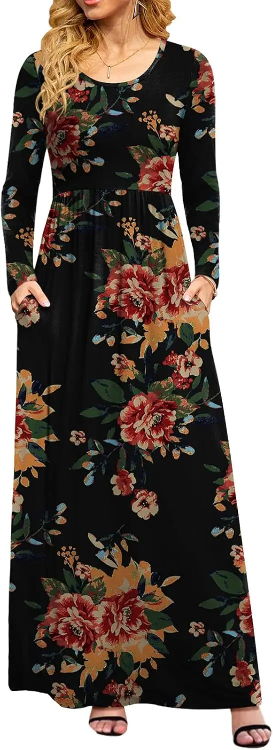 Women Casual Long Sleeve Maxi Dresses Empire Waist Long Dress with Pockets