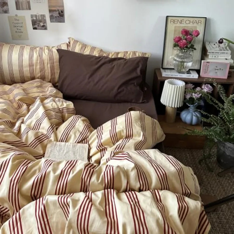 Retro Striped Duvet Cover Set - 100% Natural Cotton 3-Piece Vintage Red Stripes Pattern Printed Bedding Set, Soft Breathable Co