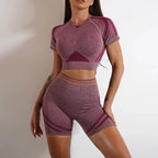 Seamless Yoga Sets Sports Fitness High Waist Hip Raise Pants Long-Sleeved Backless Suit Workout Clothes Gym Shorts Set for Women