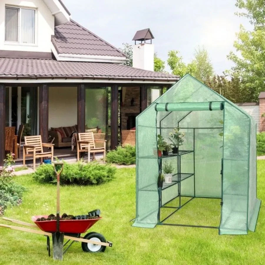 Outdoor gardening plant greenhouse with 8 shelves, durable polycarbonate material, green color, UV-resistant and ventilated des