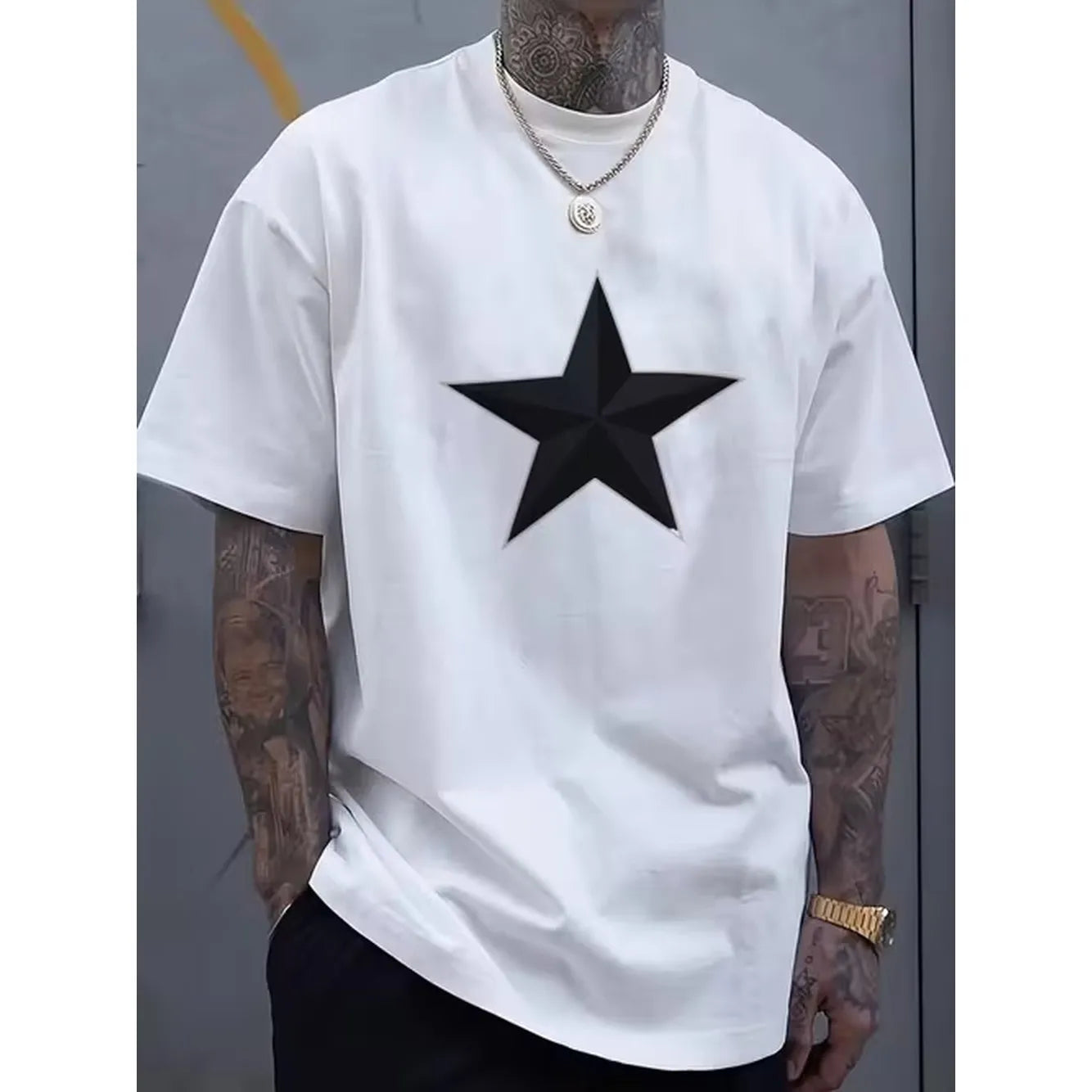 item picture mens plus size oversized white t shirt with large black loose neck short sleeve casual streetwear top suitable for wear layering hand washable for or the plus size