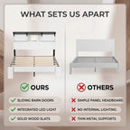 Portable Farmhouse Queen Size Bed Frame with Storage Headboard Barn Door Charging Station Wood Slats No Box Spring Needed White
