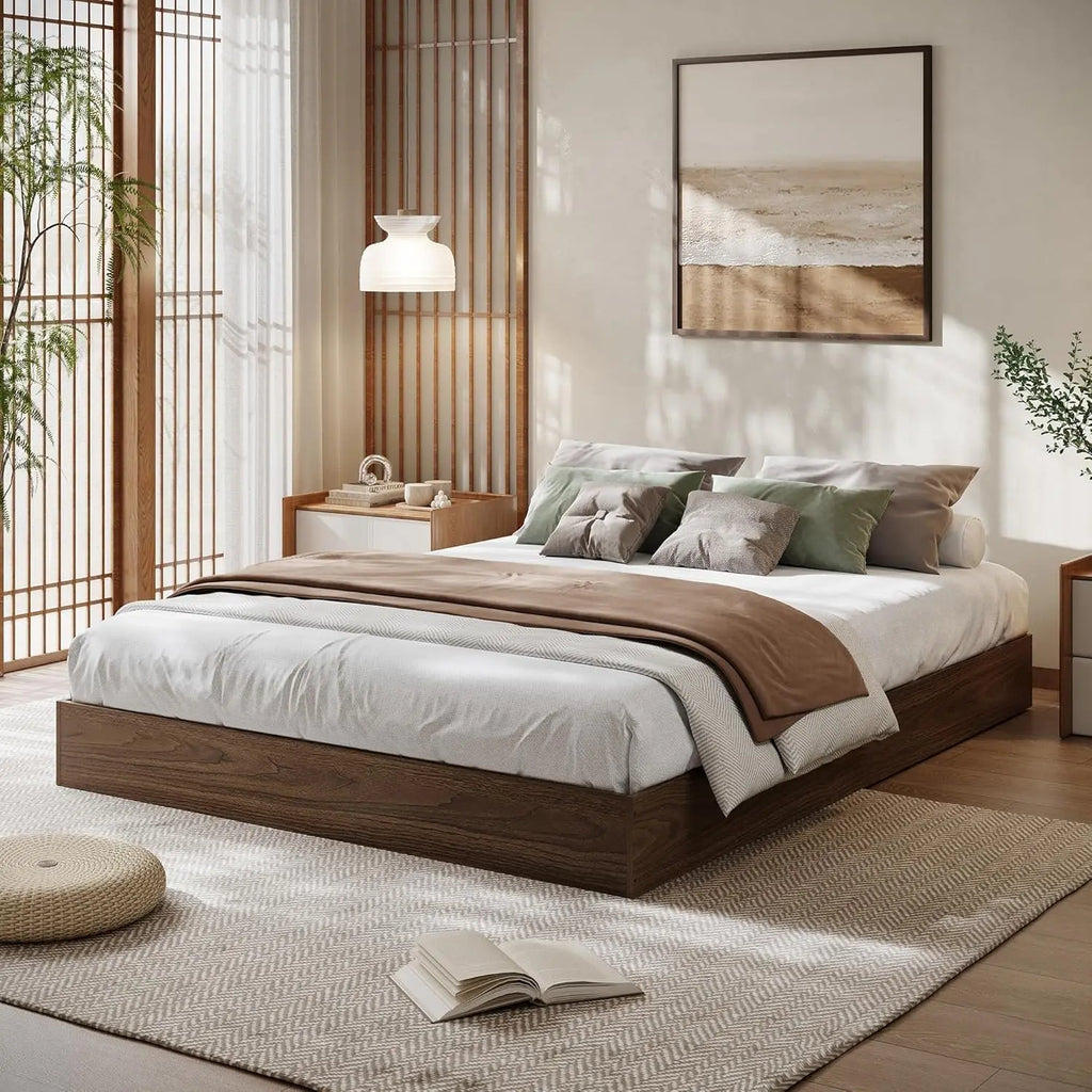 King Size Solid Wood Platform Bed with Sturdy Wooden Slats, Floor-Standing Bed Frame, Modern Minimalist Design Bed Frame, No Box Spring Needed, Space Saver, Easy Assembly, Walnut Wood