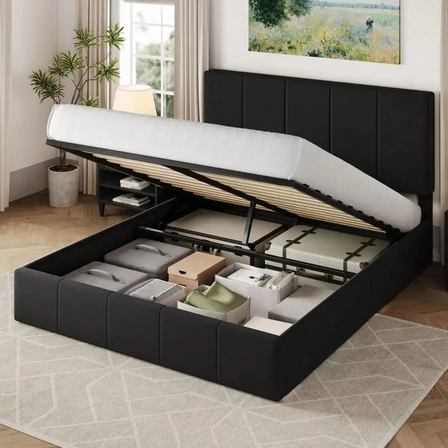 Full/Queen/King Size Velvet Lift Up Storage Bed Frame, Vertical Channel Tufted Headboard, Hydrualic Underneath Storage, Upholstered Platform Bed, Wooden Slats Support, No Box Spring Needed, White