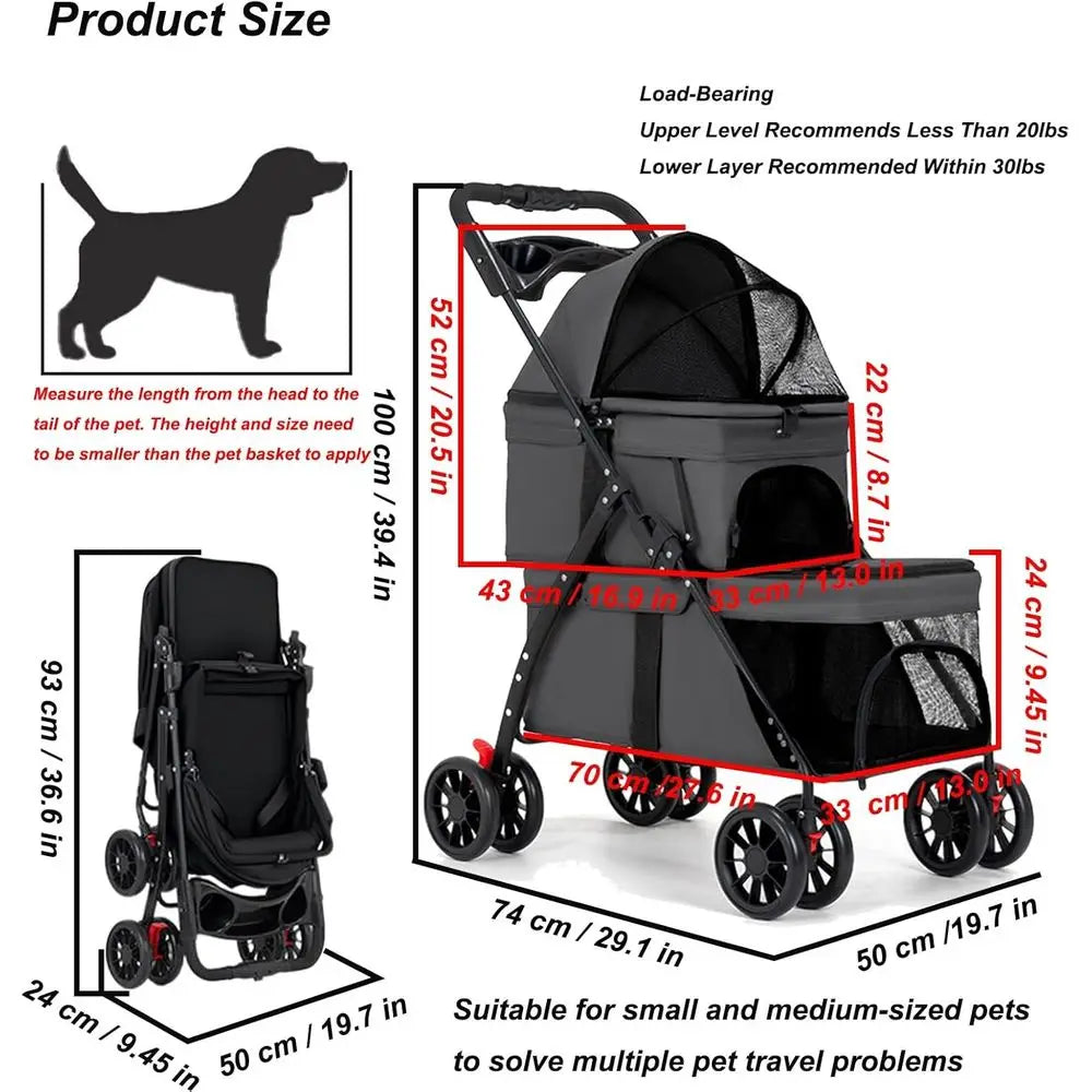 Double Dog Stroller or Medium Small Dogs and Cats Load-Bearing Up to 50lbs, Durable 360° Unil Wheels Lightweight One Hand oldale