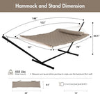 Outdoors/Indoors Light Brown Double Rope Hammock with Steel Stand, 450 LBS Weight Capacity, Detachable Pillow and Pad