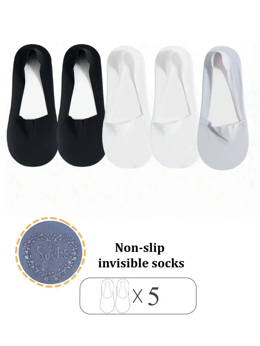 5 Pairs Women Breathable Thin Invisible Non-Slip Sweat Absorbent Boat Socks Summer