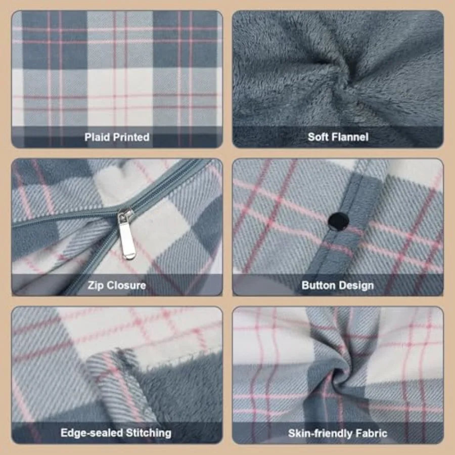 Wearable Blanket Compact Pillow 2-in-1, Lap Blanket Poncho with Button Plaid Throw Cushion for Home Office Sofa