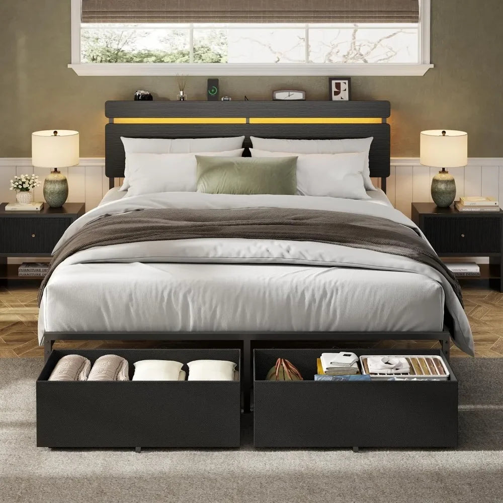 Queen Size Wooden Bed Frame with Headboard, Storage Drawers, Charging Station, LED Lights, Metal Support, No Box Spring Needed