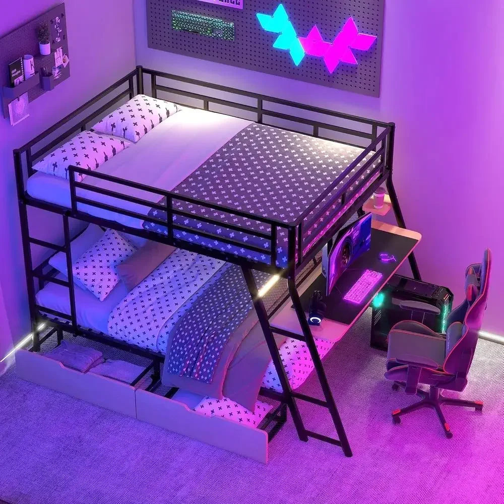 Double Deck Bunk Bed with Integrated Desk, Lights, and Storage Drawers, No Box Spring Needed, Black