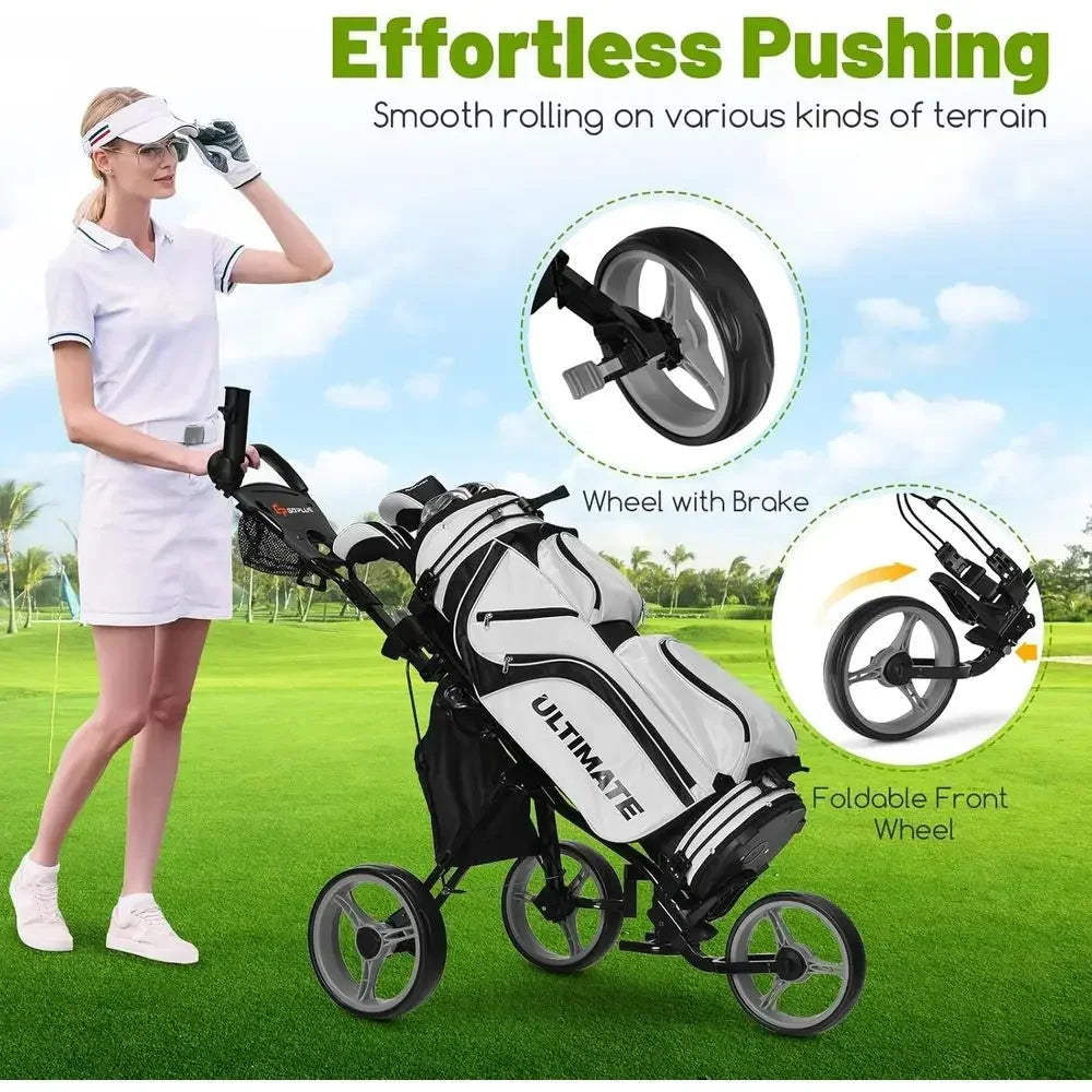 3-Wheel Folding Golf Cart with Adjustable Seat, Umbrella Holder, and Foot Brake for Men & Women