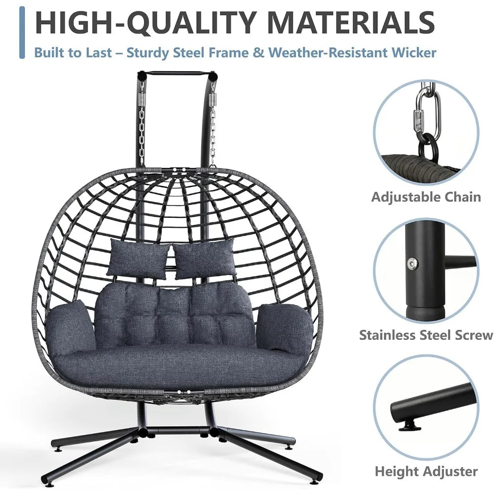 Egg Swing Chair with Stand, 2 Person Outdoor Patio Wicker Hammock Chairs with Cushion for Indoor, Lawn, Garden - Dark Grey