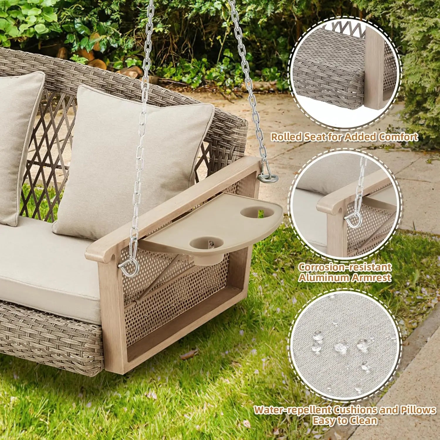 Deck Garden Backyard Porch Swing, 3-Person Wicker, Beige, Upgraded Cup Holder, 900lbs Capacity Chains