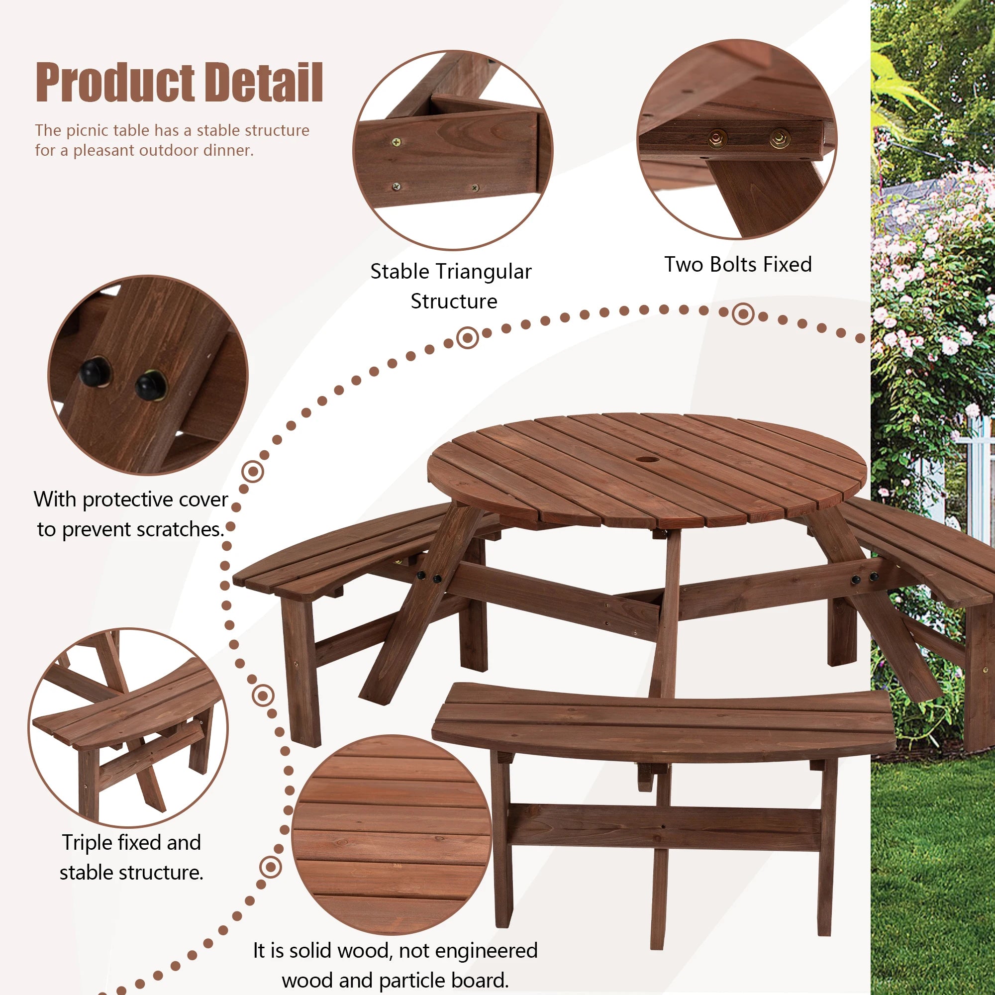 Solid Wood Round Outdoor Picnic Table with 3 Curved Benches, Weatherproof Wooden,Outdoor Patio Dining Furniture with Umbrella HoleWeather Resistant Patio Dining Furniture Set for Garden Backyard Deck