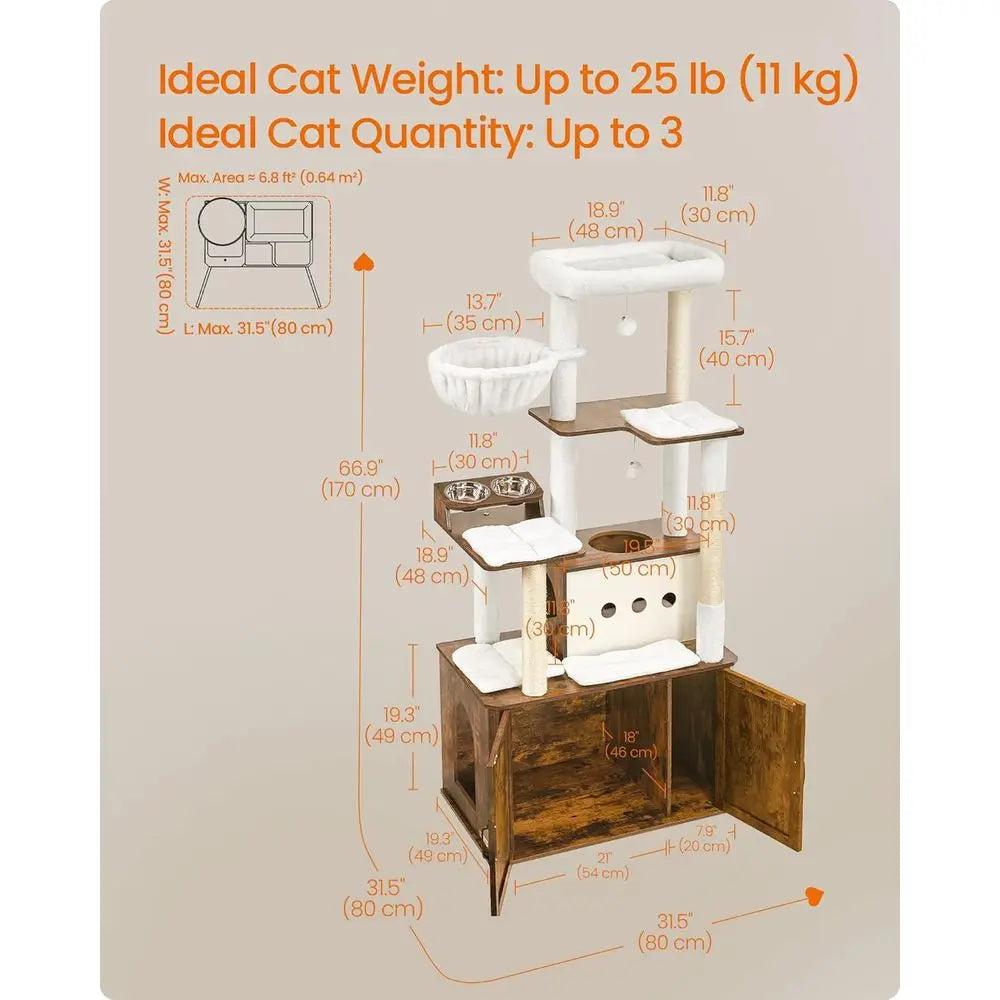 66.9-Inch Large Cat Tower with Litter Box Enclosure, Condo, Food Station, Storage, Scratching Posts, Cave, Hammock, Washable Cus