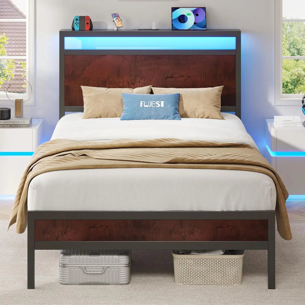 Twin Bed Frame with Headboard & Footboard, Twin Bed Frame with Charging Station & LED Light, Under-Bed-Storage, No, Customized