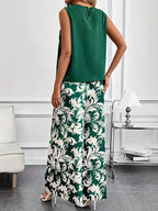 2-Piece Dark Green Round Neck Pleated Sleeveless Top Baroque Floral Print Wide Leg Pants Luxury Feel Women Office Commute Outfit