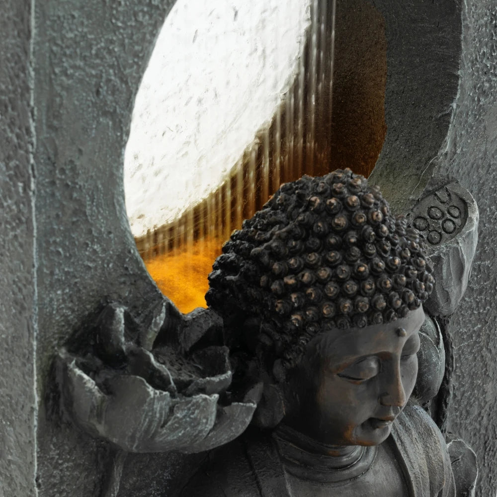 28" H Outdoor Buddha Waterfall Fountain, Freestanding Relaxing Water Feature, Asian Zen Fengshui Decor for Patio, Garden, Backyard, Deck & Home, Ideal Gift Led Fountain