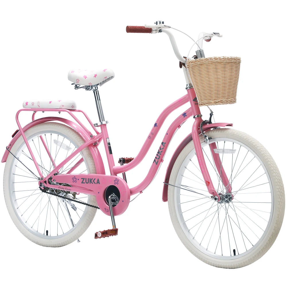24 inch teenage adult female outdoor cycling, single speed commuter bike with wicker basket and rear rack