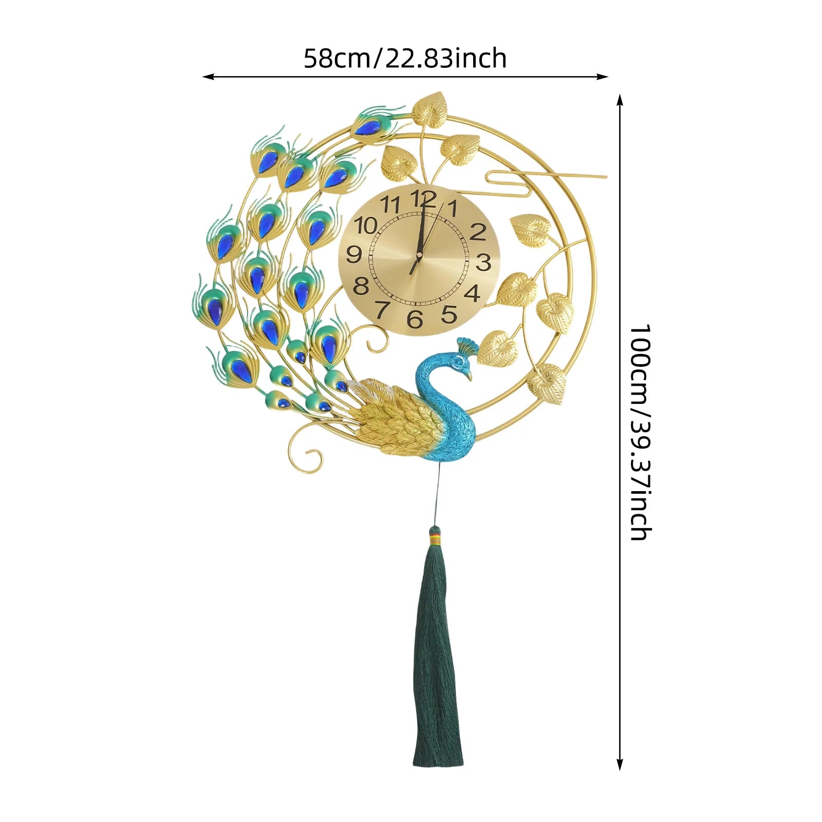 Luxury Large Peacock Wall Clock Silent Quartz Golden Blue Art Decor for Living Room Bedroom Office Unique Gift Home Kitchen Cafe Bar Resin Metal 58cm