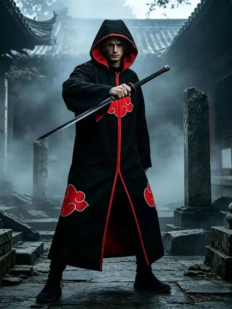 Anime Red Cloud Cosplay Cloak Black Long Robe Hood Stand Collar Halloween Carnival Party Stage Performance Costume for Men Women