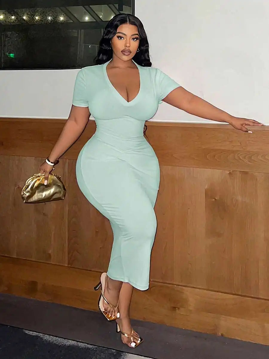 Women Plus Size V-Neck Short Sleeve Bodycon Midi Dress