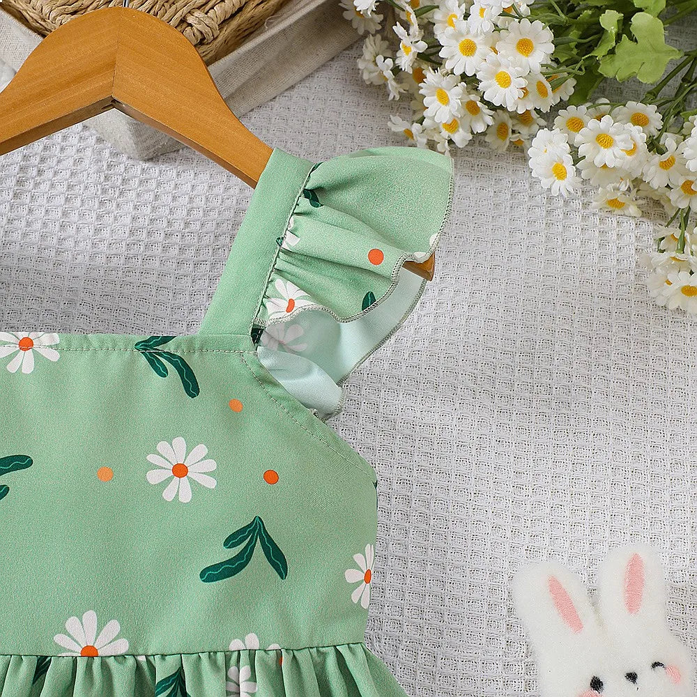 Girls Summer Style Small Fly Sleeve Plant Print Dress Casual Cute Floral A-Line